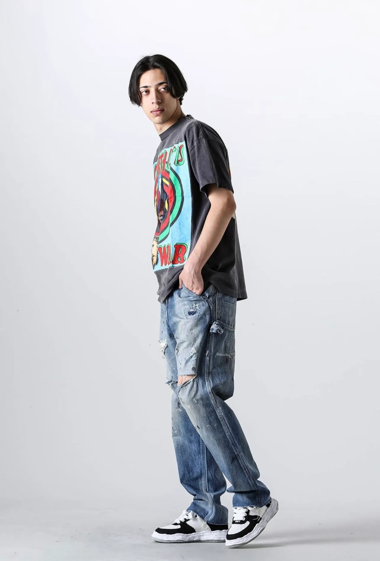 SAINT MICHAEL SS TEE/ON EARTH/BLK Jesus, Mary, Holy Infant Earth TEE Ready-to-wear Assut special piece dyeing, washed and distressed Vintage process, front and rear super complex super large printing, top purchasing agent technology